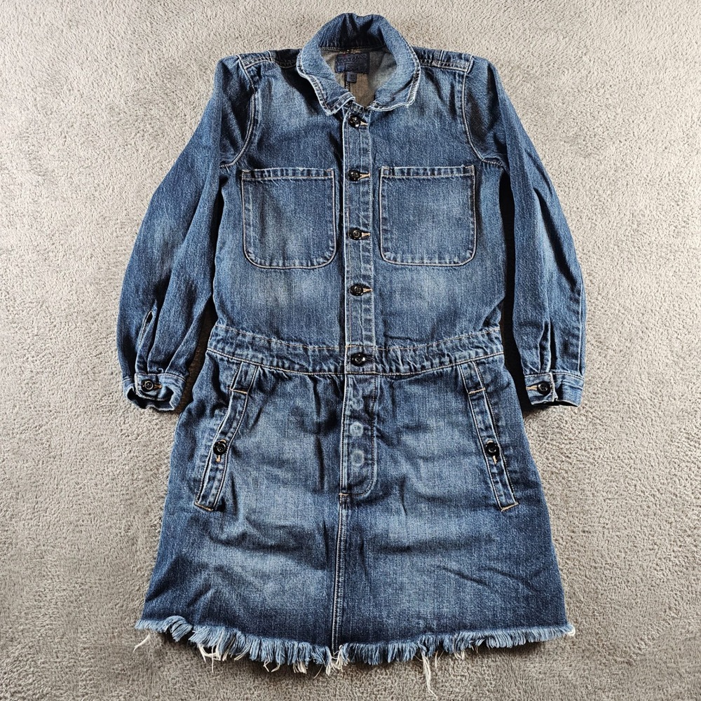 Lucky Brand Blue Denim Mini Dress Long‎ Sleeve Raw Hem Button Front XS